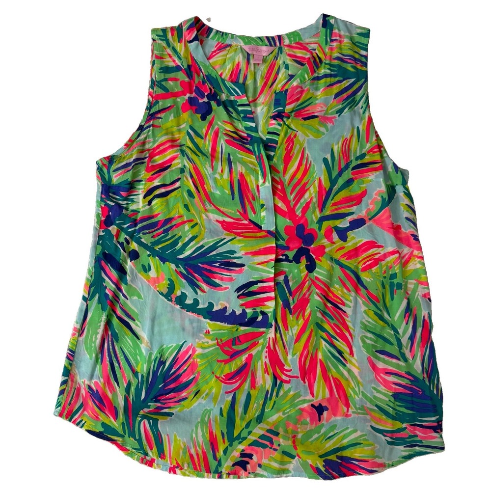 Lilly Pulitzer Womens Sleeveless Stacey Top Sz L Island Time Rayon Spilt V Neck